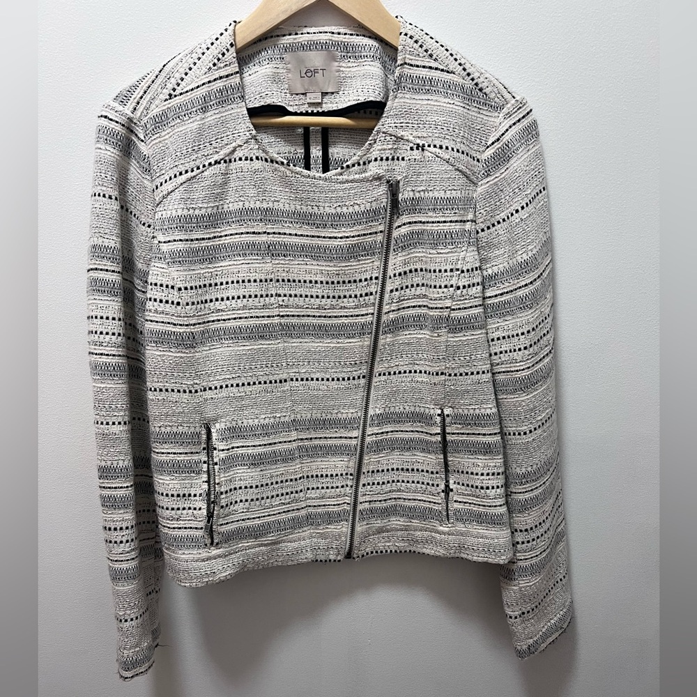 Ann Taylor LOFT Tweed Blazer Women Size 10 White Black Cream Moto Style Zip Up.